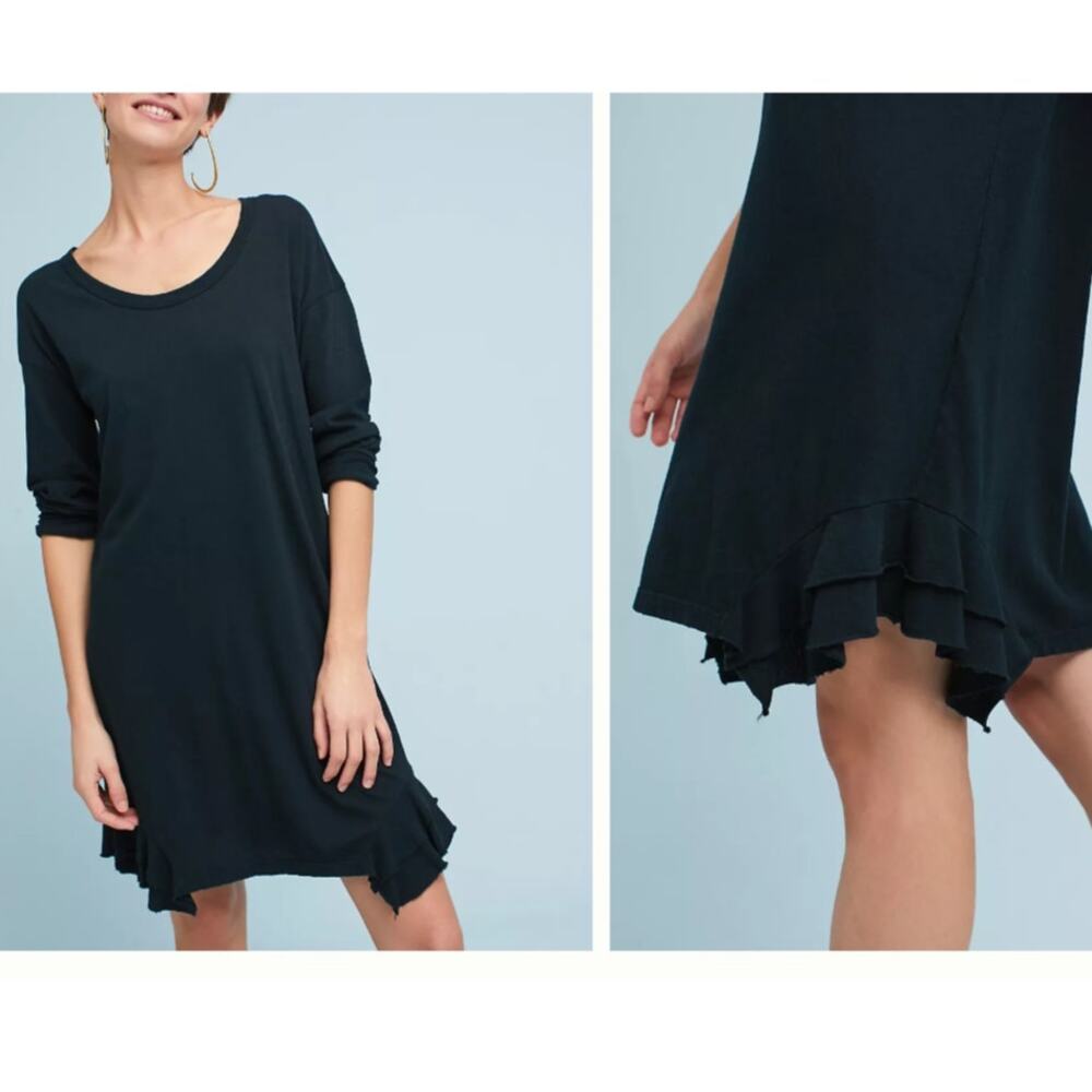 Current/Elliott Anthropologie Black Scoopneck Ruffle Hem Tunic Dress Size S